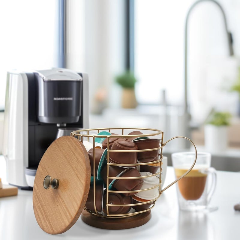 MFBJXC Large Capacity Wire Kup Storage with Wooden Base, Mug Shape Wire Storage Basket with Lid for Home Cafe Bar Countertop Kitchen Decor Storage Accessorie Gold - Image 5